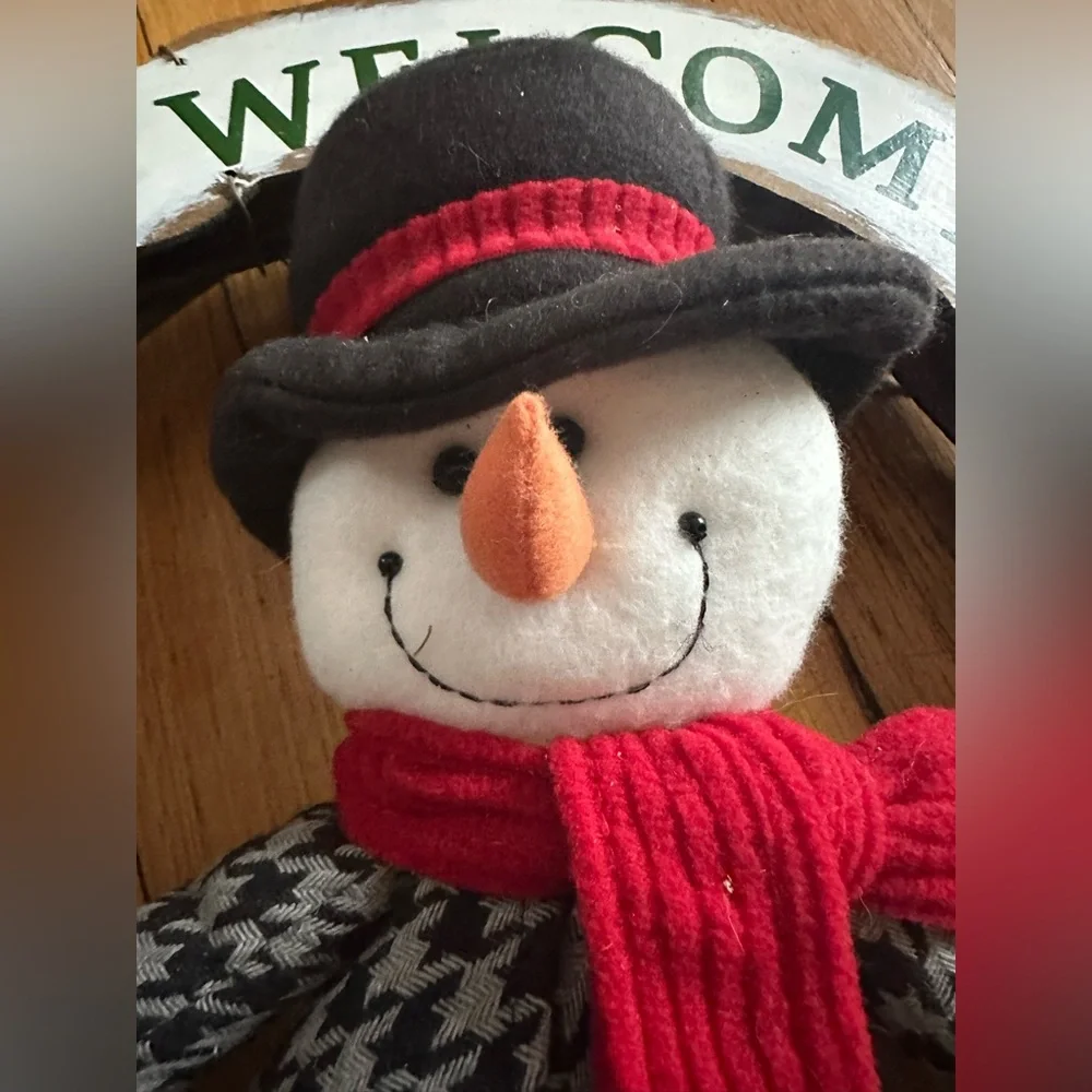 Christmas Stuffed Snowman WELCOME Door Wreath w. Red Scarf & Vines. Wood Sign.